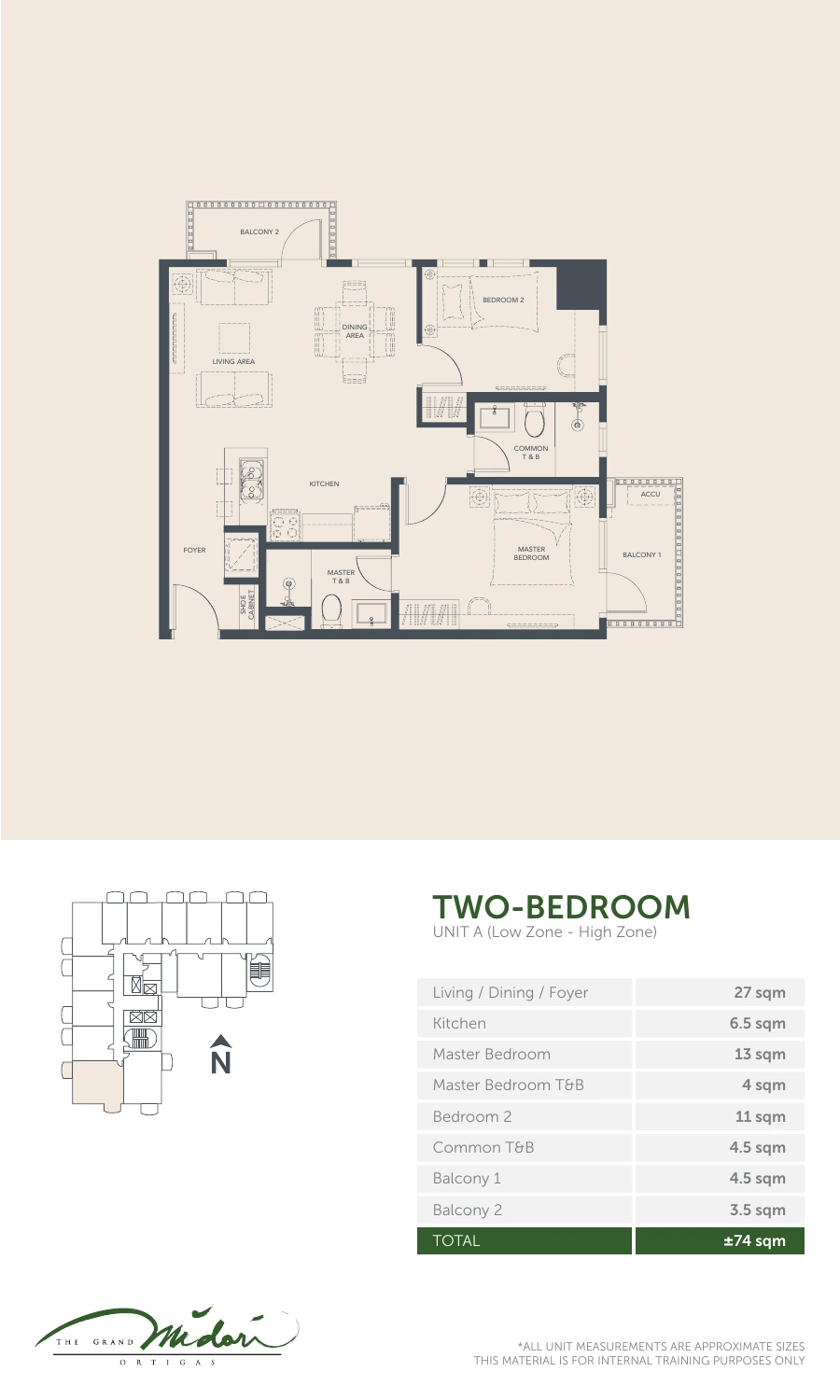 The Grand Midori Ortigas Tower 2 - 2 Bedroom · Unit A · 74 SQM